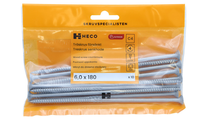 Träskruv TFT Försänkt 6,0 x 180 mm 10-pack Heco